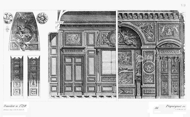 室内装饰，吊坠，门，Daviler，约1720年(4种图案)，路易十六时期，Old decoration 1875年。